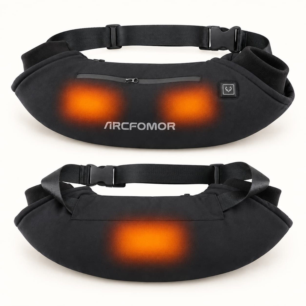 Front and rear views of the WarmHeart muff, with orange shading illustrating two front heating areas and one rear area.