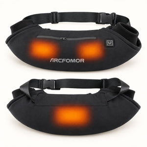 Front and rear views of the WarmHeart muff, with orange shading illustrating two front heating areas and one rear area.
