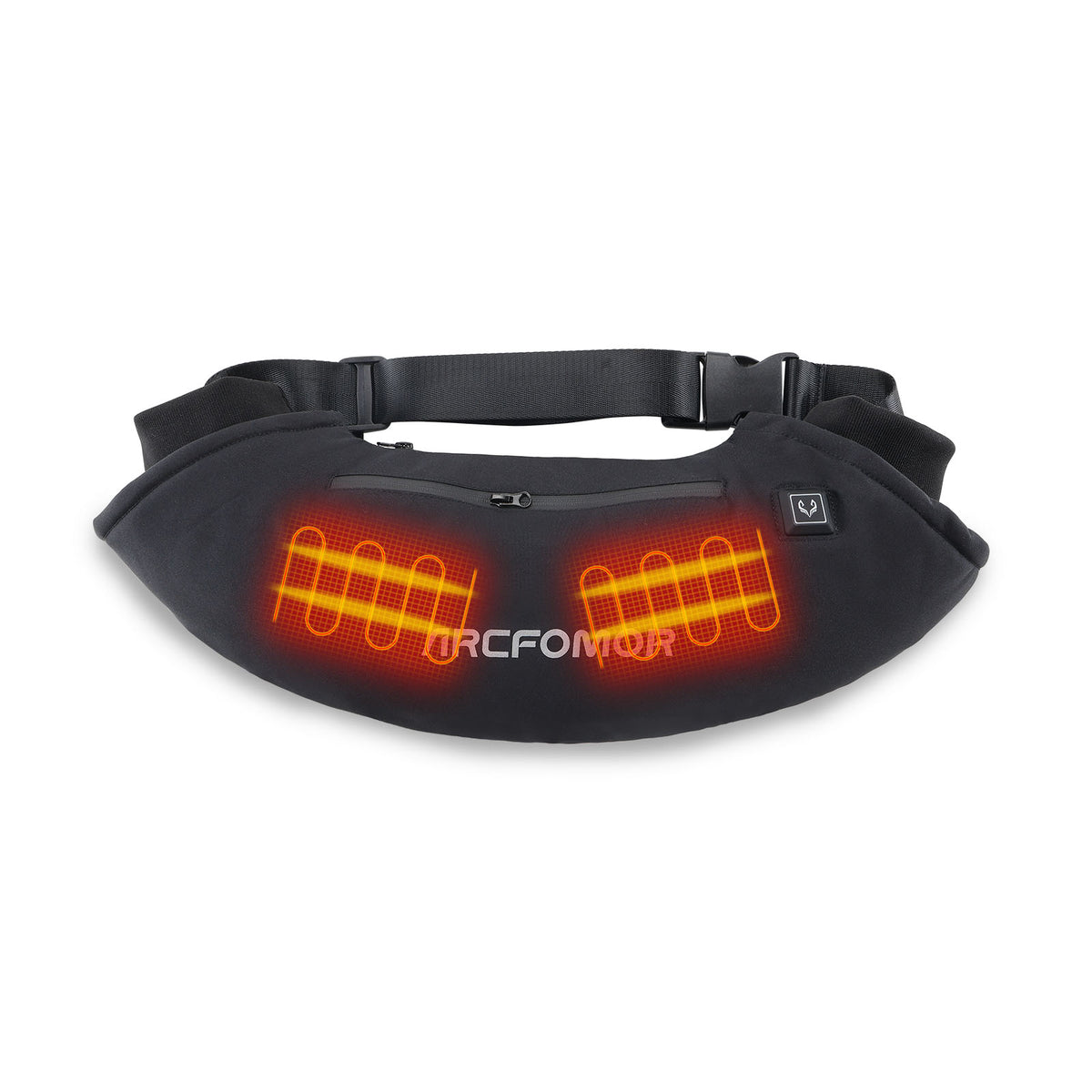 WarmHeart heated hand warmer muff diagram showing heating areas across the front side