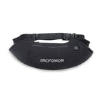 Front view of the black WarmHeart rechargeable heated hand warmer muff with adjustable waist belt and zip pocket
