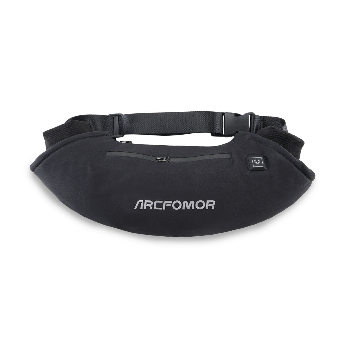 Front view of the black WarmHeart rechargeable heated hand warmer muff with adjustable waist belt and zip pocket
