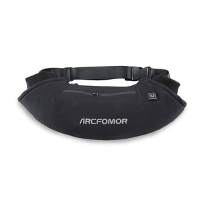 Front view of the black WarmHeart rechargeable heated hand warmer muff with adjustable waist belt and zip pocket