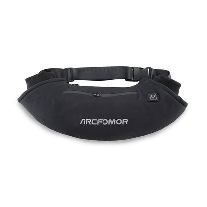 Front view of the black WarmHeart rechargeable heated hand warmer muff with adjustable waist belt and zip pocket