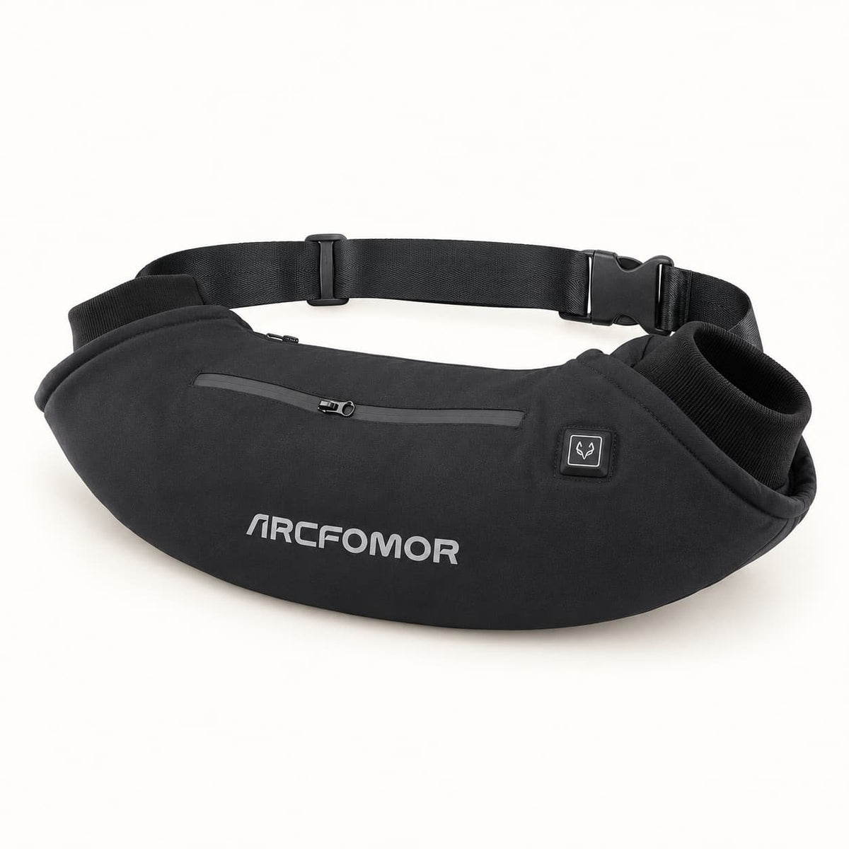 Black Arcfomor WarmHeart heated hand warmer muff with a rib-knit hand opening, front zip pocket and adjustable waist belt.