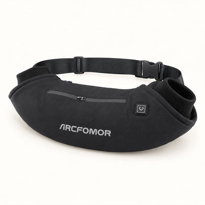 Black Arcfomor WarmHeart heated hand warmer muff with a rib-knit hand opening, front zip pocket and adjustable waist belt.
