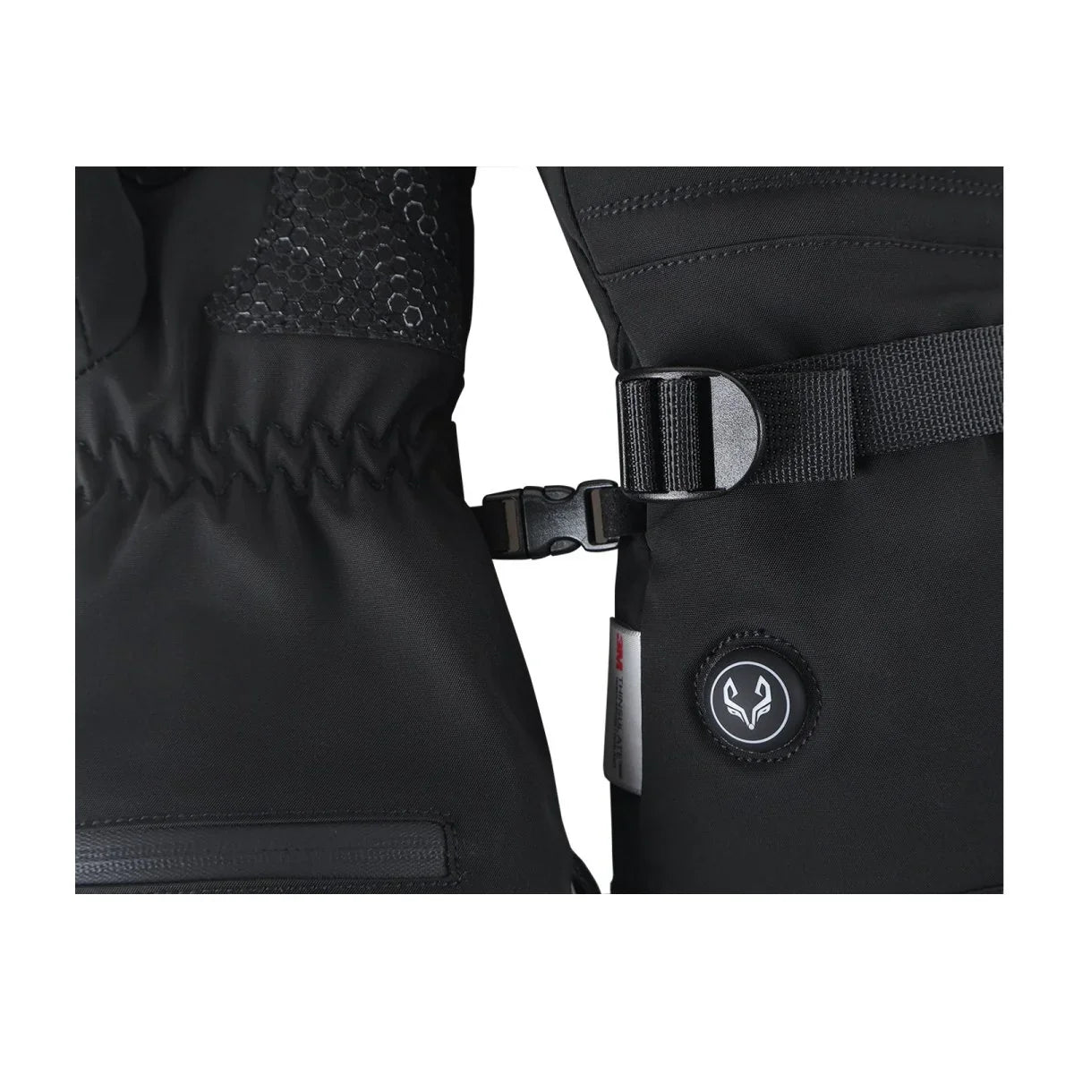 WinterGlow glove pairing buckle and heat control button close-up