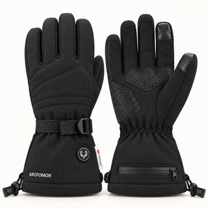 Black WinterGlow heated gloves showing the back and palm, woven fabric, honeycomb grip patches and long cuffs.