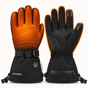 WinterGlow gloves with illustrated heating across the back and fingers, and an orange outline around the palm view.