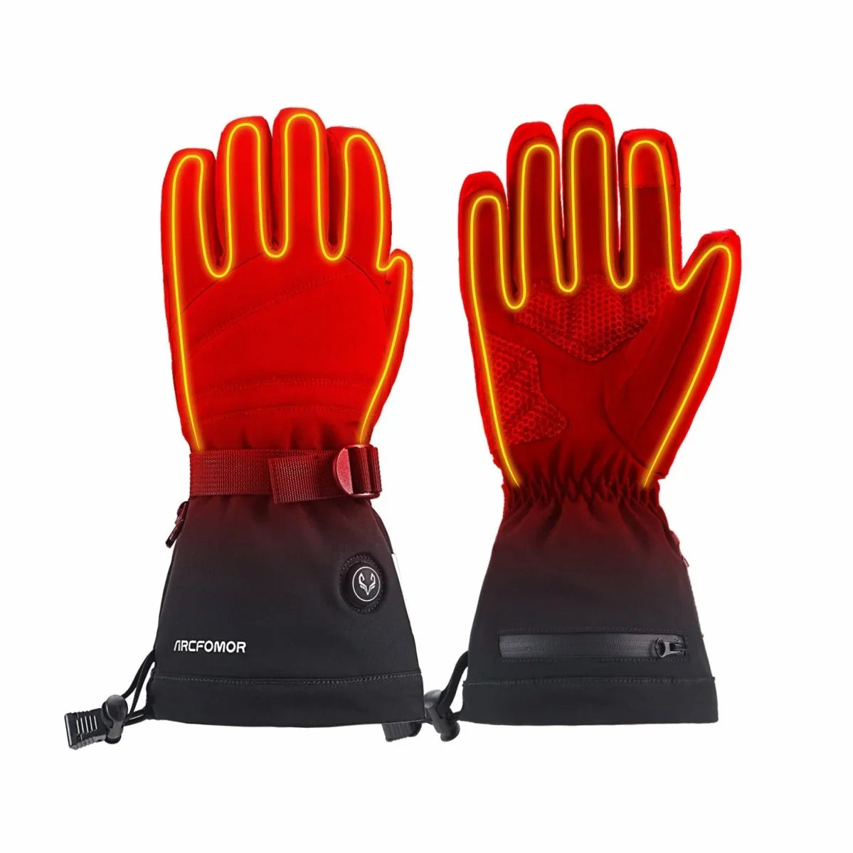 Illustrative warmth visualization over black WinterGlow heated gloves; not an exact map of heating zones