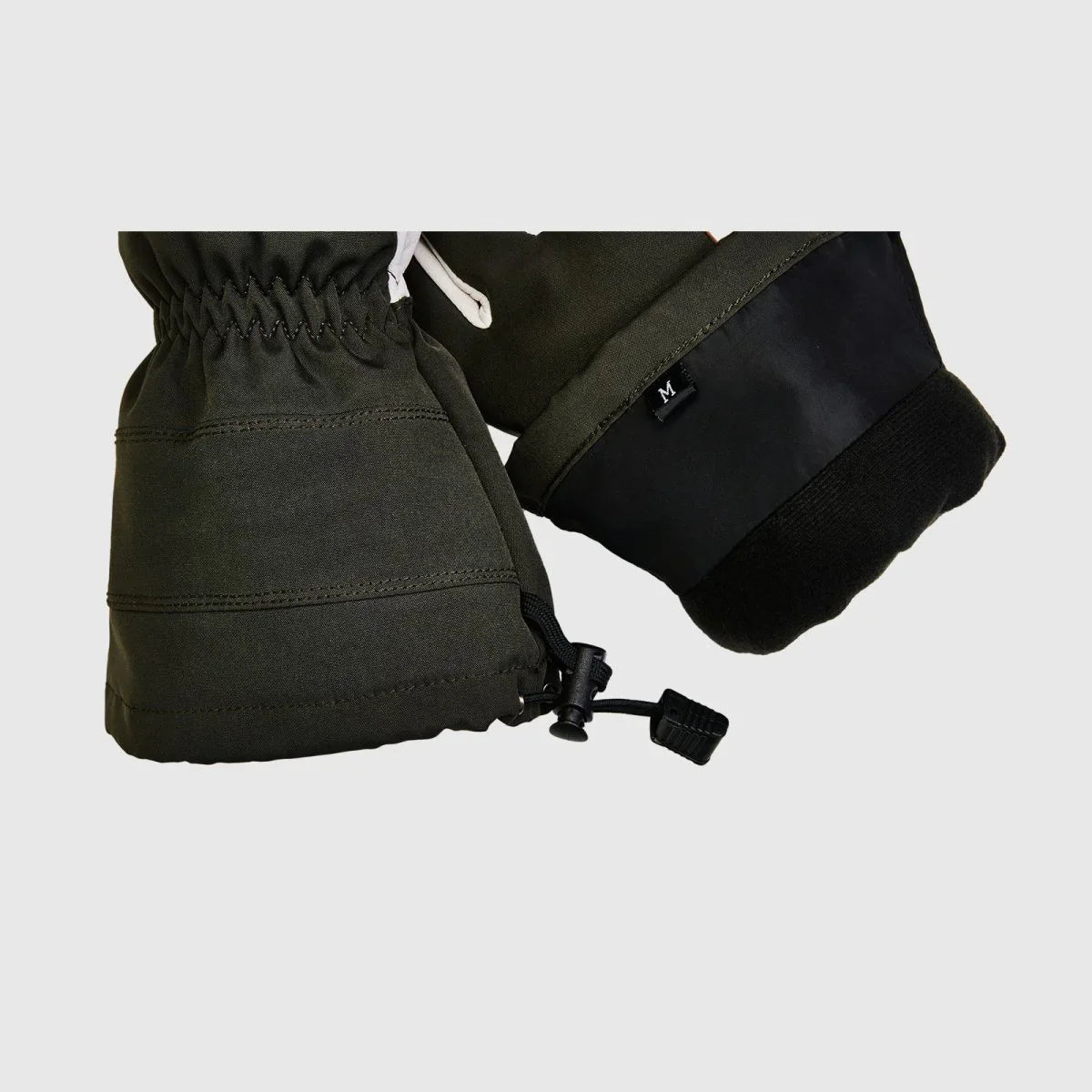 Close-up of the extended drawcord cuff and interior lining on an army-green Yellowstone shell glove