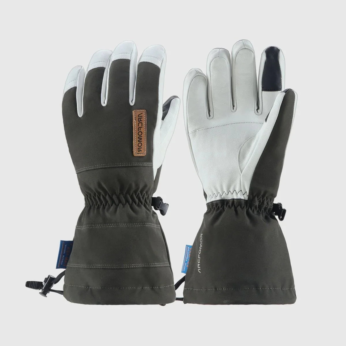 Army-green Yellowstone shell gloves showing the full goatskin palm, polyester back and extended drawcord cuffs