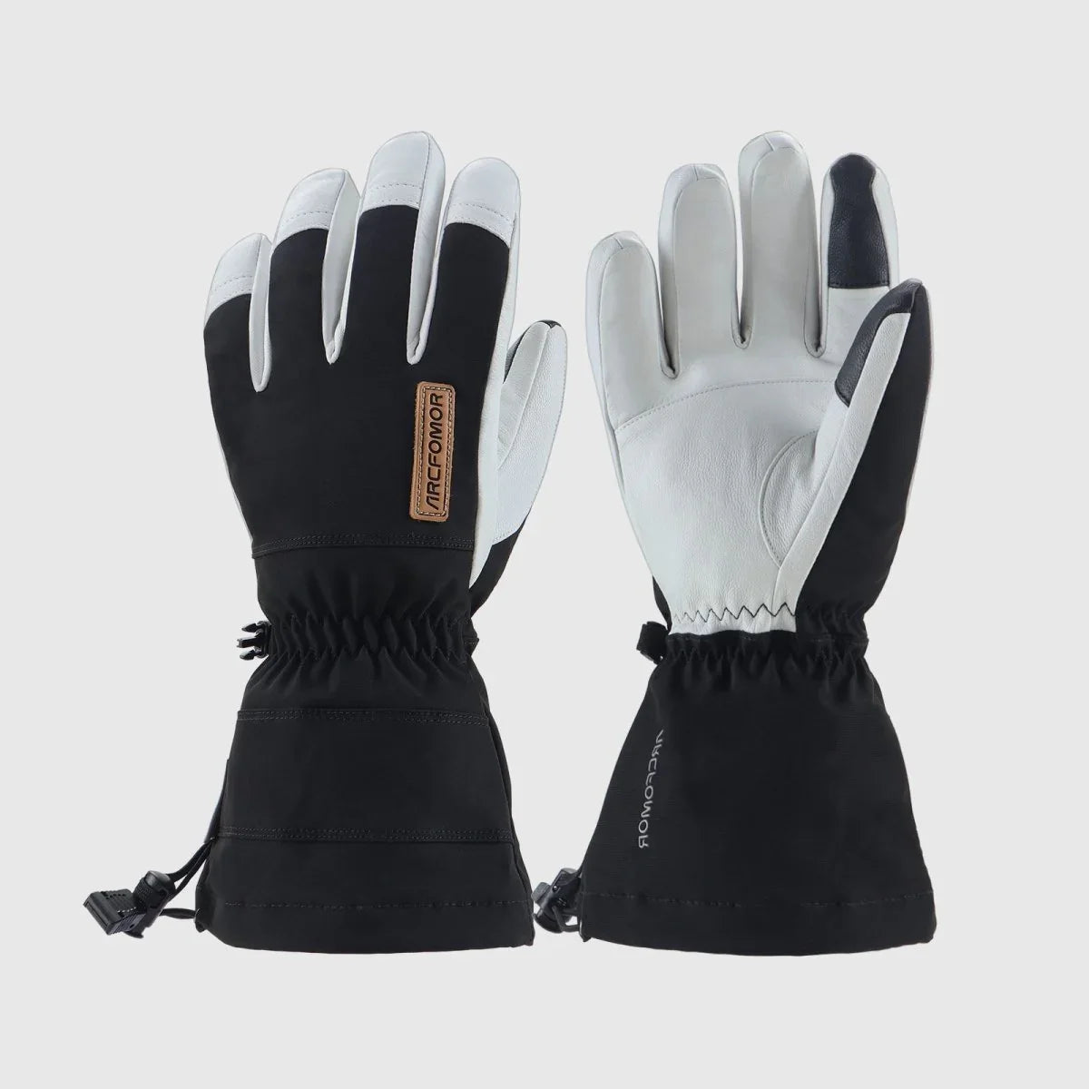 Black Yellowstone shell gloves showing the full goatskin palm, polyester back and extended drawcord cuffs