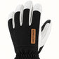 Back of a black Yellowstone glove showing woven fabric, white leather fingertip caps and a tan Arcfomor brand patch.
