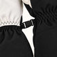 Black pairing clip joining the elastic wrists of two Yellowstone gloves, beside white leather and black woven fabric.