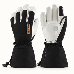 Black Arcfomor Yellowstone Gentleman shell gloves shown from the back and palm, with white goatskin leather and extended drawcord cuffs.
