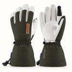 Olive-green Yellowstone Gentleman shell gloves shown from the back and palm, with white goatskin leather, tan branding and drawcord cuffs.