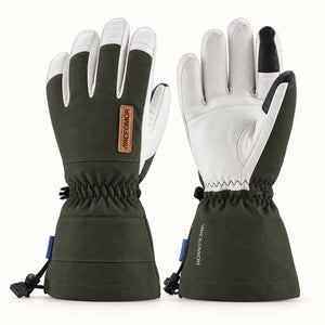 Olive-green Yellowstone Gentleman shell gloves shown from the back and palm, with white goatskin leather, tan branding and drawcord cuffs.