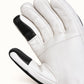Close-up of a Yellowstone glove’s white leather palm, showing black touchscreen patches on the thumb and index fingertip.